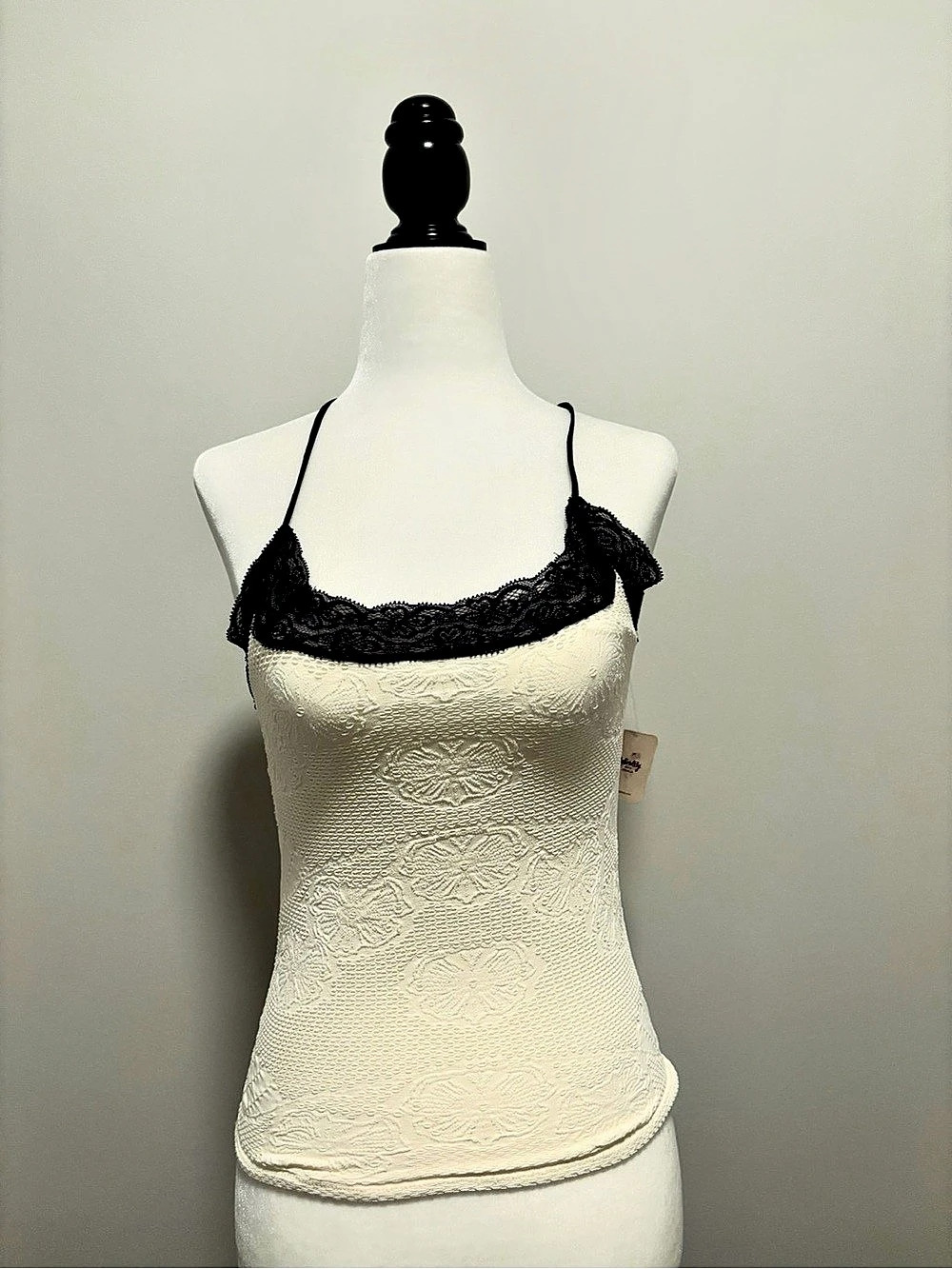 Free People Jules Seamless Cami Lace Trim White & Black Medium-Large